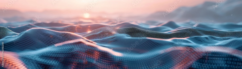 Poster abstract digital waveforms with a glowing grid at sunrise, depicting futuristic technology and data 
