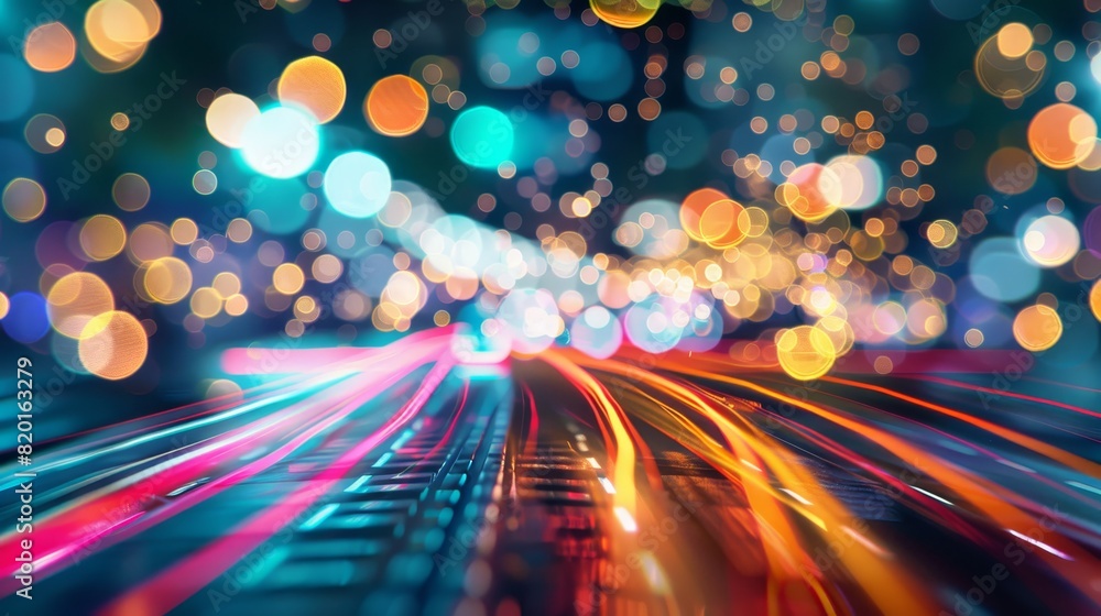 Poster abstract image of colorful lights and bokeh effects symbolizing motion, speed, and technology in a v