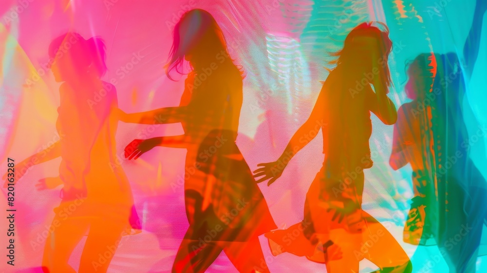 Poster abstract image of silhouettes dancing with vibrant colorful lights, creating a sense of motion and e