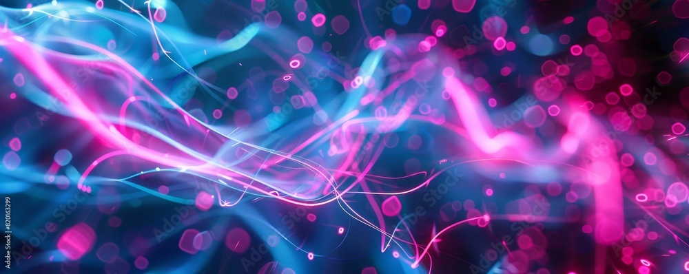 Poster abstract image of vibrant pink and blue light trails creating a dynamic, futuristic pattern on a dar