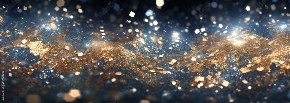 Poster a dreamy scene of sparkling glitter with bokeh lights and star shapes, creating a magical and festiv