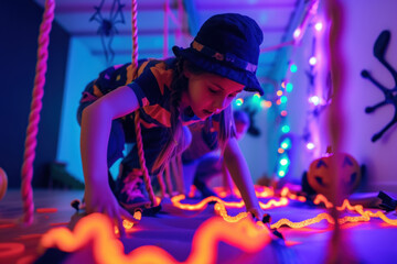 Young child in a detective costume plays on the floor surrounded by colorful neon lights and Halloween decorations.