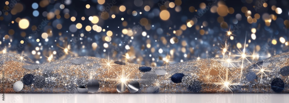 Poster a dreamy scene of sparkling glitter with bokeh lights and star shapes, creating a magical and festiv