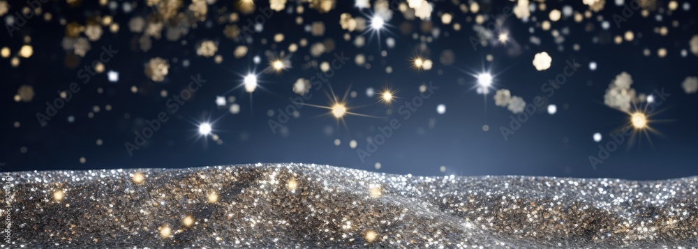 Poster a dreamy scene of sparkling glitter with bokeh lights and star shapes, creating a magical and festiv