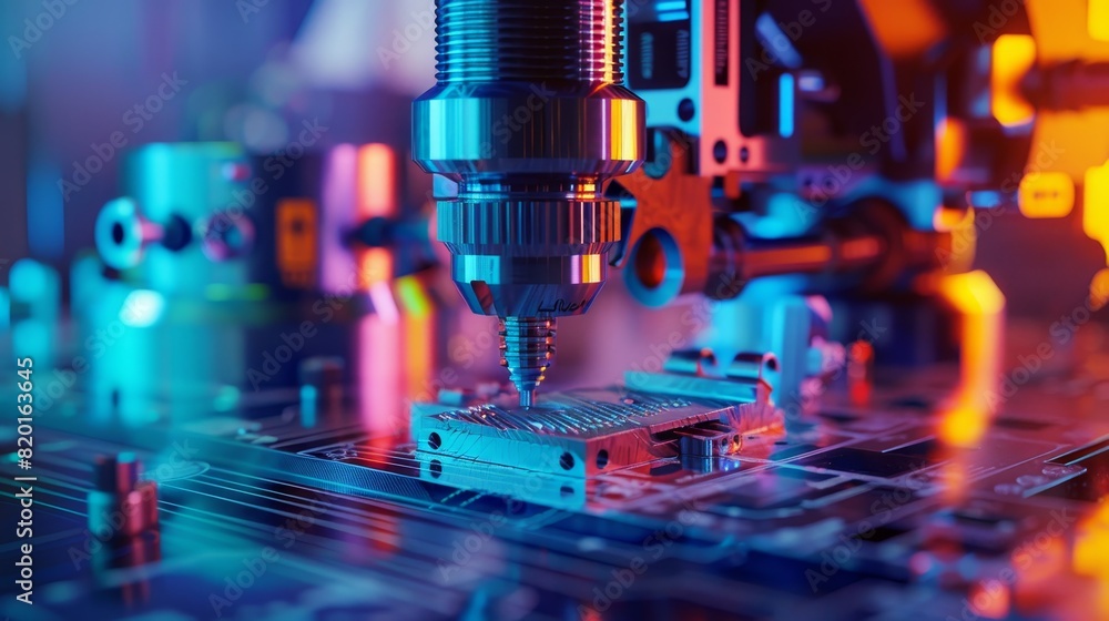 Poster close-up of advanced cnc machine working on a circuit board in a vibrant, high-tech manufacturing en