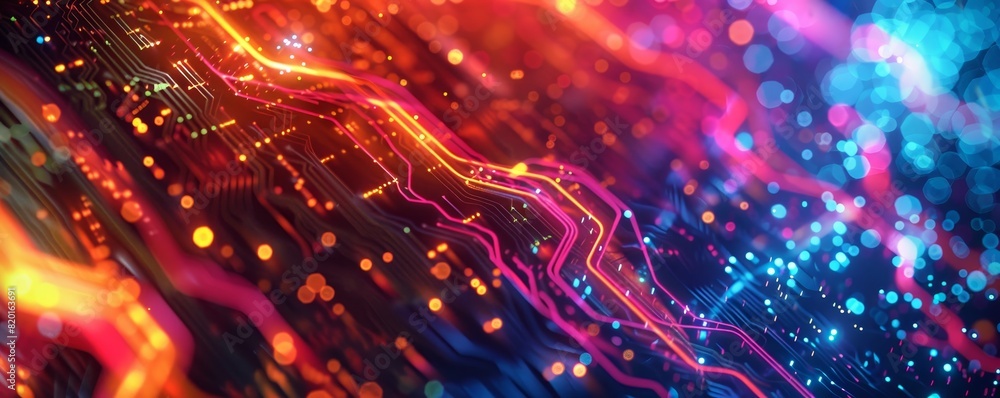Poster colorful abstract digital visualization showcasing neon light trails and glowing circuit patterns, p