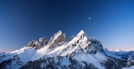 A snowy mountain range with sharp peaks covered in a blanket of fresh snow, under a clear starry night sky