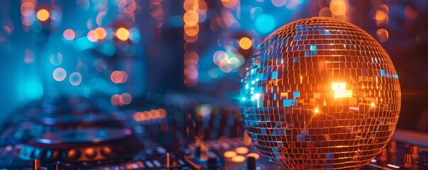 Close-up of a shiny disco ball reflecting colorful lights in a vibrant party atmosphere, evoking a festive and fun ambiance.