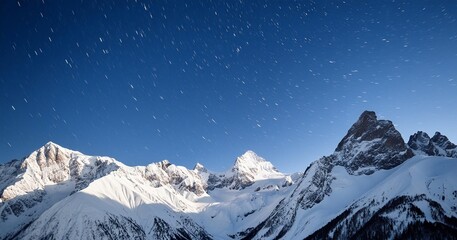 Fototapeta premium A snowy mountain range with sharp peaks covered in a blanket of fresh snow, under a clear starry night sky