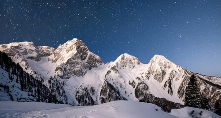 A snowy mountain range with sharp peaks covered in a blanket of fresh snow, under a clear starry night sky
