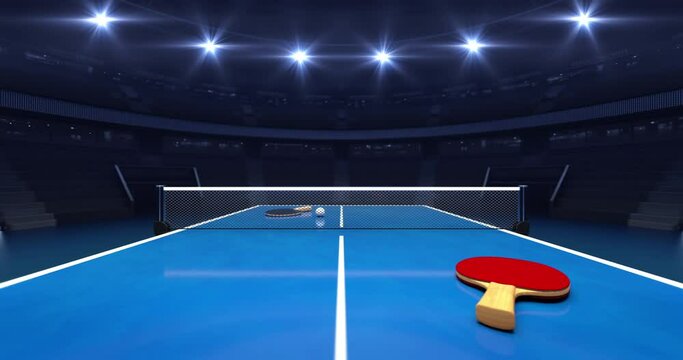 Blue table tennis with bats inside a modern sports arena illuminated with shining spotlights as sports animated background for professional advertising.	
