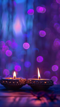 Diwali Purple Illumination: Bright Diya Oil Lamp s on Purple Background for Festive Celebration, Happy Diwali