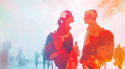 Fototapeta premium Double exposure of young travelers with backpacks in a busy airport terminal, signifying journey and adventure.
