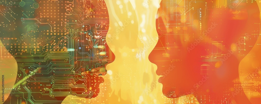 Poster futuristic digital art of two human faces with circuit patterns, symbolizing the integration of tech