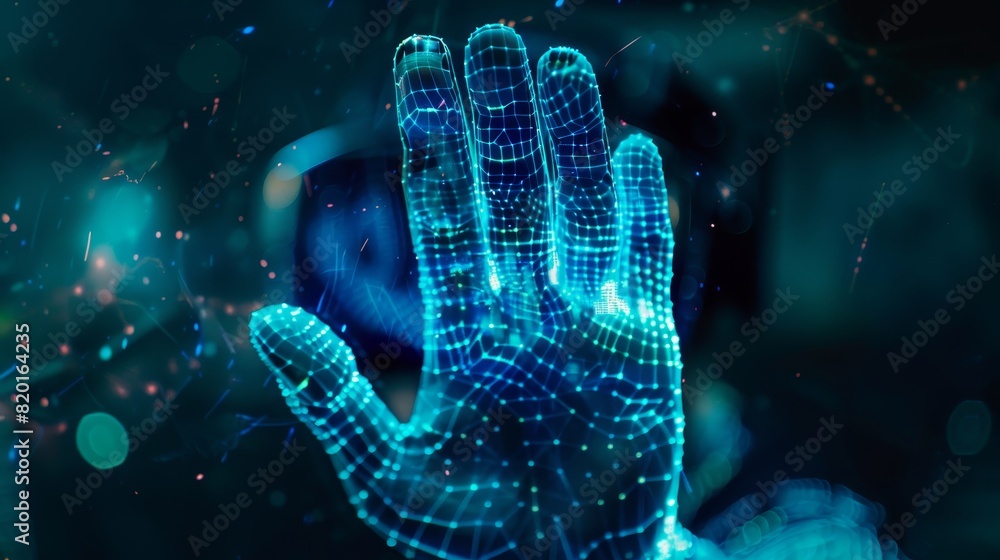 Poster futuristic digital hand model in blue tones with data visualization elements, representing technolog