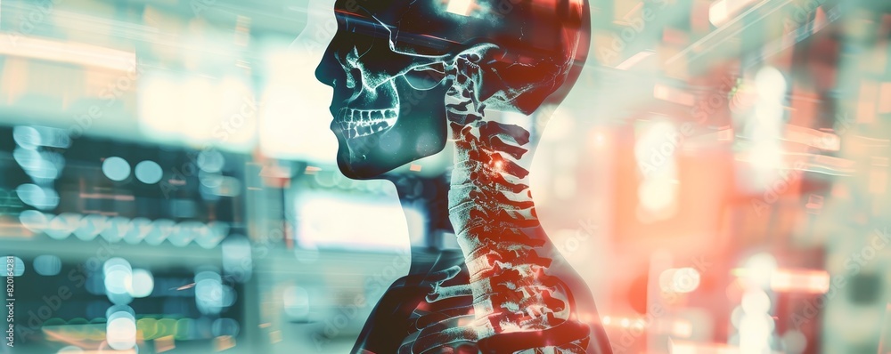 Poster futuristic digital rendering of a human skeletal system with a glowing background, illustrating adva