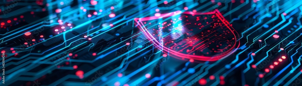 Poster futuristic digital illustration with a red shield icon symbolizing cybersecurity and data protection