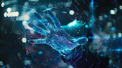 Futuristic digital hand with glowing holographic particles, representing advanced technology, virtual reality, and immersive user experiences.