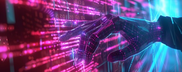 Futuristic digital interface with a hand interacting with glowing data streams, symbolizing technology, innovation, and cybersecurity.
