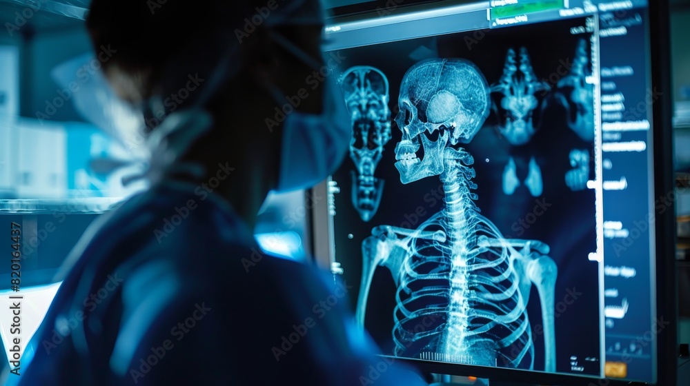 Wall mural Medical professional analyzes a detailed 3D spine X-ray on a computer screen in a modern hospital setting.