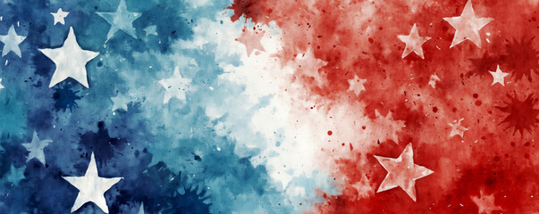 Watercolor abstract American flag stars background. Vibrant red, white and blue 8k banner, poster or greeting card or social media backdrop for Independence, Memorial Day or patriotic celebrations