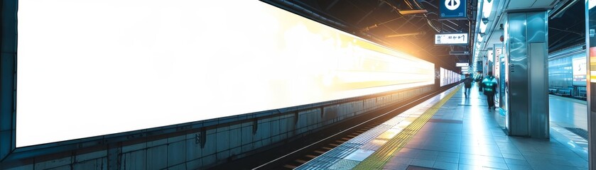 Modern, illuminated train station platform with a bright light from the train. Urban transportation and travel concept at dawn or dusk.