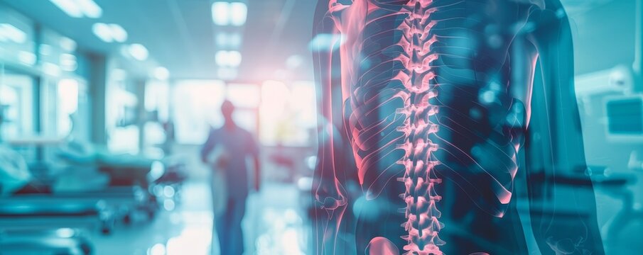 Medical image showing spine anatomy superimposed over blurred hospital background, highlighting spinal health and healthcare environment.
