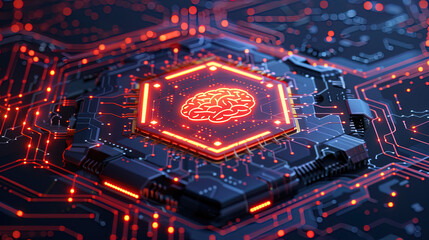 Fototapeta premium Futuristic Circuit Board with Illuminated Brain Icon - Artificial intelligence