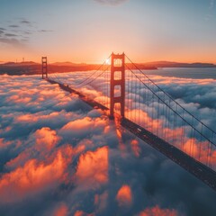 An ethereal dawn at Golden Gate Bridge, fog veiling the water beneath a sun's warm glow