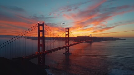 Obraz premium Golden Gate Bridge at dawn, with fog rolling over the bridge into the bay, captured from a bird's view