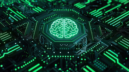 Futuristic Circuit Board with Illuminated Brain Icon - Artificial intelligence