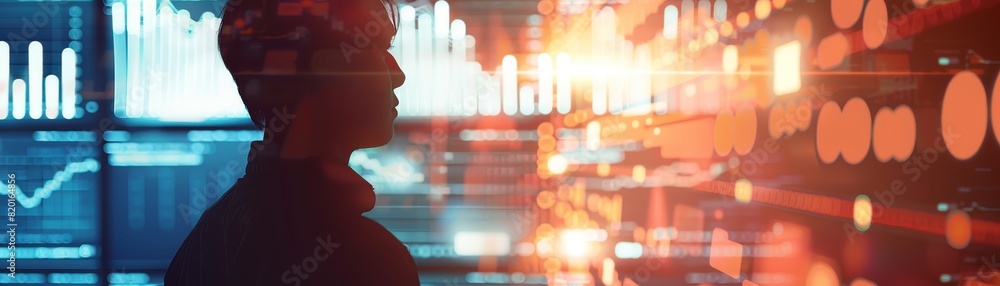 Poster silhouette of a person analyzing data on digital screens in a high-tech environment with charts and 