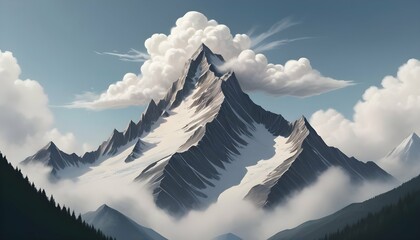 An icon of a mountain with clouds swirling around
