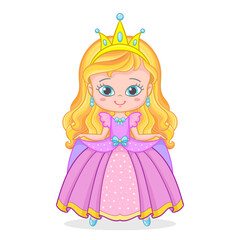 Cute little cartoon princess in a pink dress with a blonde hair. Isolated on a white background. For children's design of prints, posters, cards, stickers, etc. Vector illustration