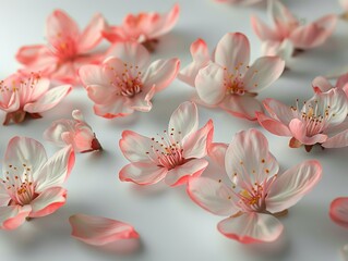 Soft pink cherry blossoms scattered on a white surface, creating a serene and delicate floral composition.