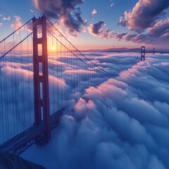 Fototapeta premium Golden Gate Bridge in dawn fog showcases historical charm with soft morning hues, full span view