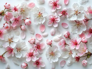 Delicate pink and white cherry blossom flowers scattered artistically on a white background, evoking a sense of spring and tranquility.