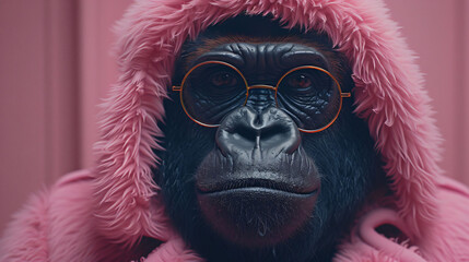 Bold Beauty: The Feminine Charm of a Gorilla in Pink Fashion and Glasses