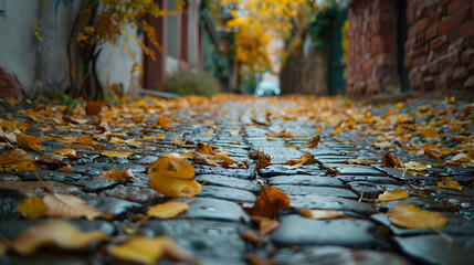 An alleyway during autumn with leaves scattered on the cobblestone path.