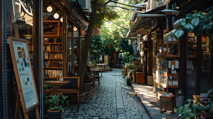 An alley with a small bookshop and cafe inviting passersby to explore and relax.
