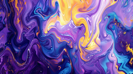 Vibrant abstract fluid art backdrop featuring swirling blue, purple, and yellow