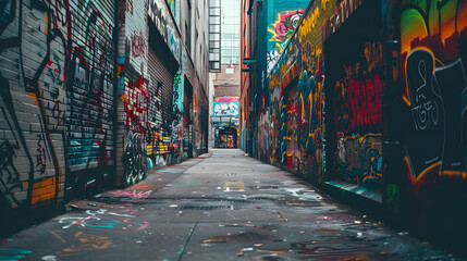 An artistically graffiti-covered alley in a vibrant urban area.