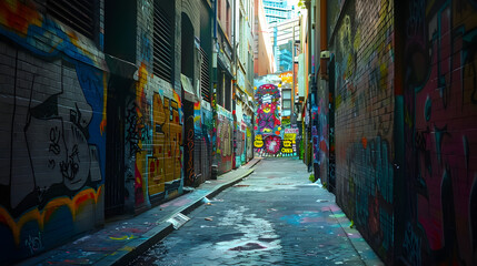 An artistically graffiti-covered alley in a vibrant urban area.