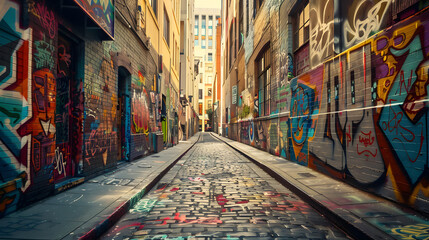 An artistically graffiti-covered alley in a vibrant urban area.