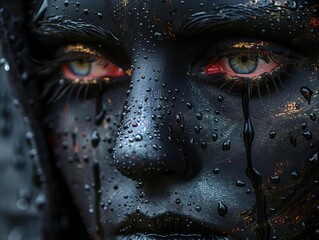 Moody close-up of a person with artistic black face paint, droplets, and intense gaze. Evokes feelings of mystery and depth.