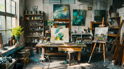 An artists retreat man cave with a studio space canvases paints and a relaxing area to draw inspiration.