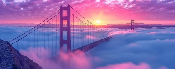 Golden Gate Bridge at dawn, fog rolling in, vibrant sky in the background, perspective from Battery Spencer