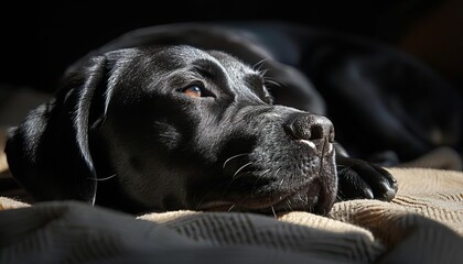 A loyal companion, a true friend. The black dog gazes out the window, waiting for his master to return home.