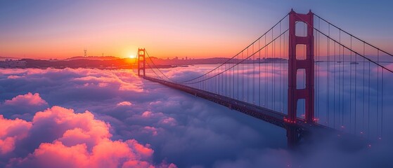 Golden Gate Bridge at sunrise, clear sky above dense fog, bridge glowing under the morning light