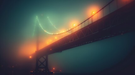 Golden Gate Bridge enveloped in dawn's fog from a boat, exuding a mysterious and adventurous aura